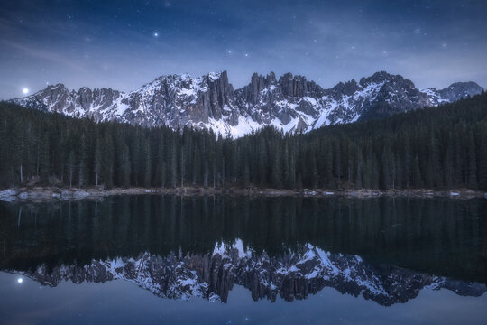 Lago di Carezza under starry sky