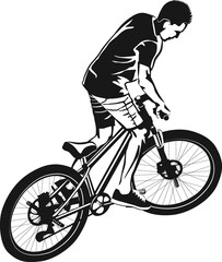 Naklejka premium boy on MTB bike - black and white vector illustration