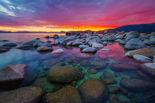 Scenic view of Hidden Beach at Lake Tahoe during sunset