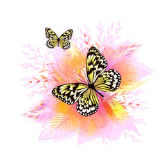 Delicate pink flower with a butterfly. Vector illustration