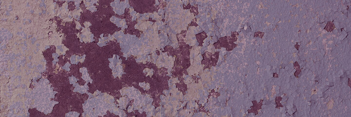 Peeling paint on the wall. Panorama of a concrete wall with old cracked flaking paint. Weathered rough painted surface with patterns of cracks and peeling. Wide panoramic grungy texture for background