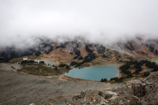 View of clouds over Black Tusk and Mimulus Lake