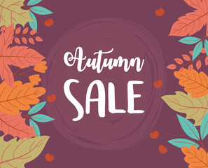 autumn sale, leaves background lettering shopping sale or promo poster