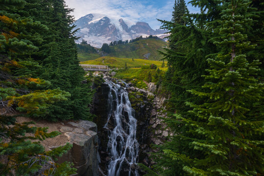 Myrtle Falls with Mount Rainier in background