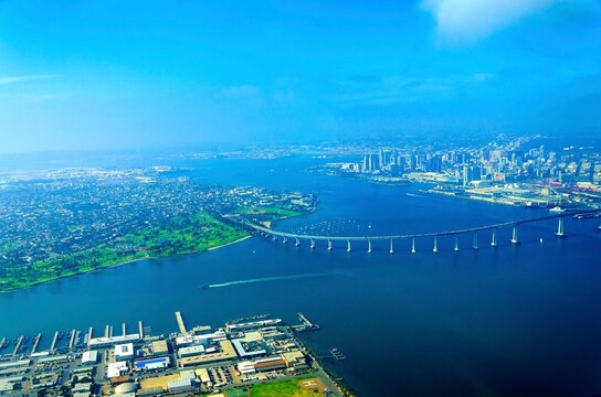 Aerial view of Coronado Island with bridge in San Diego Bay