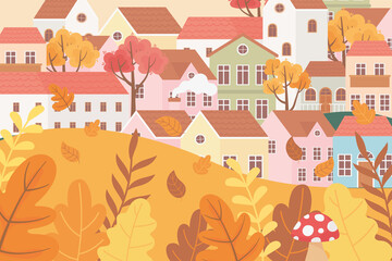 landscape in autumn nature scene, cartoon village houses mushroom leaves branches foliage