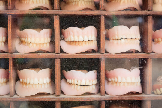 Close up of dentures for sale in dentist's shop