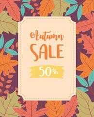 autumn sale, off sale text and colorful maple leaves, shopping sale or promo poster