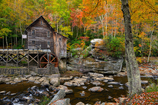 Scenic view of Glade Creek Grist Mill during autumn