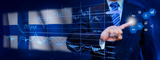Fototapeta premium Businessman touching data analytics process system with KPI financial charts, dashboard of stock and marketing on virtual interface. With Finland flag in background.
