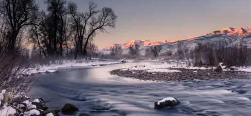 Scenic view of Provo River and Mount Timpanogos in winter
