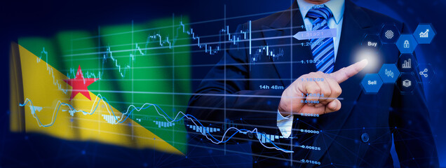 Businessman touching data analytics process system with KPI financial charts, dashboard of stock and marketing on virtual interface. With French Guiana flag in background.