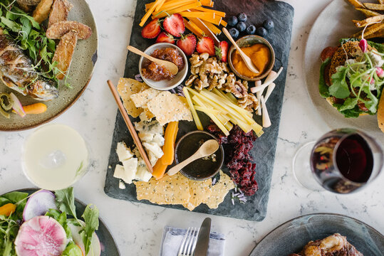 Overhead view of food served on table