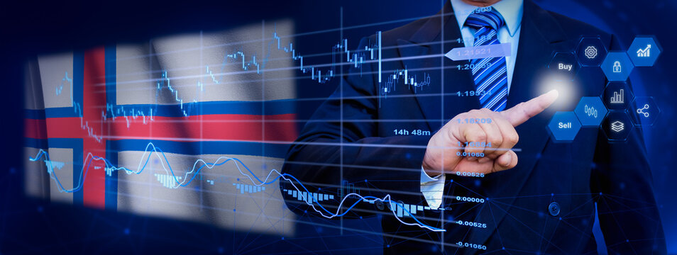 Businessman touching data analytics process system with KPI financial charts, dashboard of stock and marketing on virtual interface. With Faroe Islands flag in background.