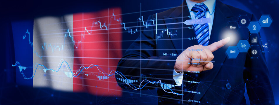 Businessman touching data analytics process system with KPI financial charts, dashboard of stock and marketing on virtual interface. With France flag in background. - Powered by Adobe