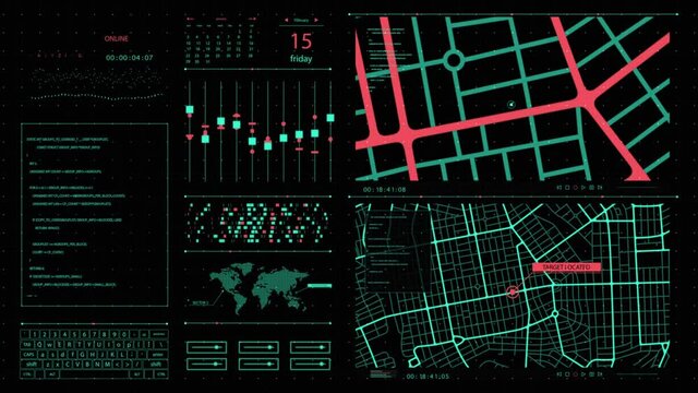 Futuristic HUD panel tracking a moving target through a city, with relevant data analysis