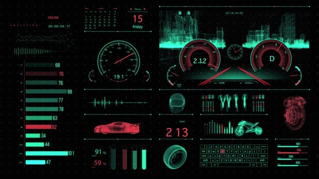 Futuristic 3D automotive HUD panel with vehicle gauges and component stats