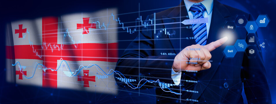 Businessman touching data analytics process system with KPI financial charts, dashboard of stock and marketing on virtual interface. With Georgia flag in background. - Powered by Adobe