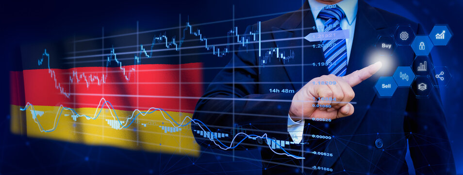 Businessman touching data analytics process system with KPI financial charts, dashboard of stock and marketing on virtual interface. With Germany flag in background. - Powered by Adobe