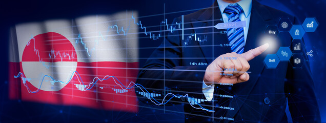 Businessman touching data analytics process system with KPI financial charts, dashboard of stock and marketing on virtual interface. With Greenland flag in background.