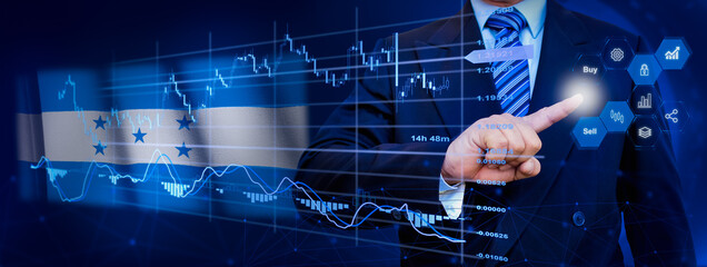 Businessman touching data analytics process system with KPI financial charts, dashboard of stock and marketing on virtual interface. With Honduras flag in background.