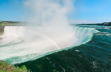 Niagara falls in the summer, beautiful view,3,160 tons of water flows over Niagara Falls every second. This accounts for 75,750 gallons of water per second over the American and Bridal Veil Falls and 