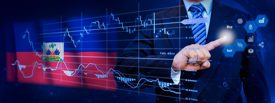 Businessman touching data analytics process system with KPI financial charts, dashboard of stock and marketing on virtual interface. With Haiti flag in background. - Powered by Adobe