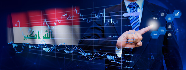 Businessman touching data analytics process system with KPI financial charts, dashboard of stock and marketing on virtual interface. With Iraq flag in background.