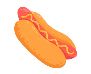 Bread meat, hot dog sausage, mustard additive, prompt lunch sandwich isolated on white, design, flat style vector illustration. Delicious menu, unhealthy fast food dinner, savory grilled sausage.