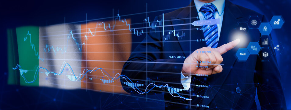 Businessman touching data analytics process system with KPI financial charts, dashboard of stock and marketing on virtual interface. With Ireland flag in background.