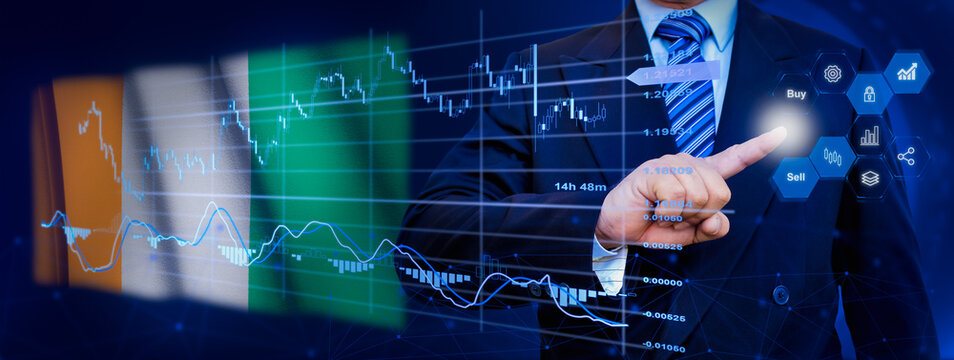 Businessman touching data analytics process system with KPI financial charts, dashboard of stock and marketing on virtual interface. With Ivory Coast flag in background. - Powered by Adobe