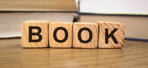 Book words on wooden blocks with Books on blurred backround