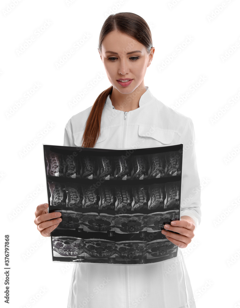 Poster Orthopedist holding X-ray picture on white background