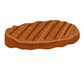 Meat pan, fresh food, cooking, breezy slice steak, fried background, isolated on white, design, flat style vector illustration. Dinner roasted mushrooms, grilled pork, parsley barbecue decoration.