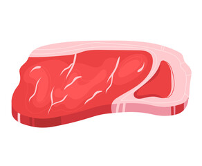 Meat red steak, beef fillet, barbecue chop, raw bossy slice, cut pork, isolated on white, design, flat style vector illustration. Fresh ingredient, pork menu, portion roast, close-up background.