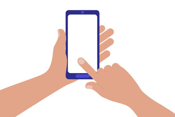 Hand holding mobile phone and forefinger touching empty white screen. Screen with space for text or image. Vector illustration n flat style