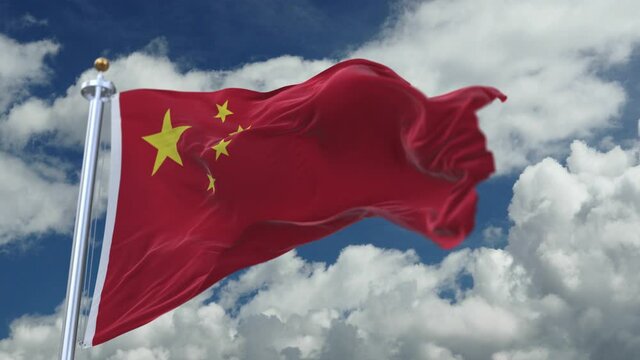 looping flag of china with flagpole waving in wind;timelapse rolling clouds background.A fully digital rendering.