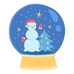 Night Christmas snowman in glass ball icon. Cartoon flat of Night Christmas snowman in glass ball vector icon for web design isolated on white background