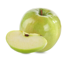 Cut and whole green apples on white background