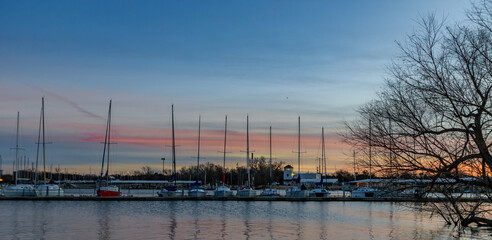 Sailboats docked at the end of the day on Lake Hefner in Oklahoma City