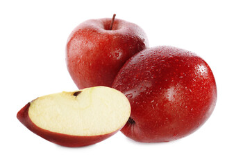 Cut and whole red apples on white background