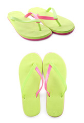 Collage with beach slippers on white background