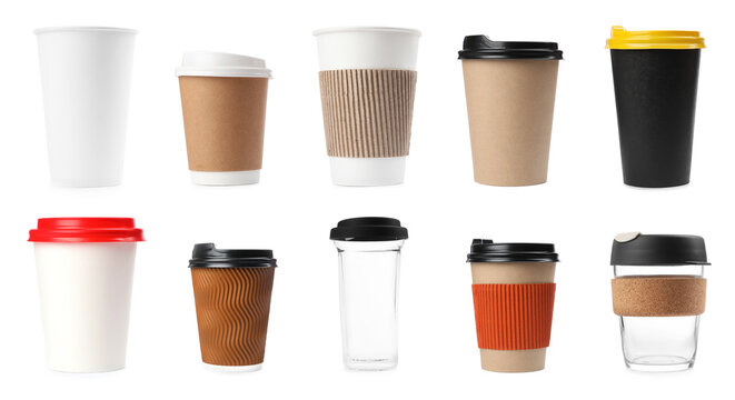 Set of different coffee cups on white background. Banner design