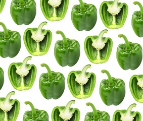 Set of whole and cut green bell peppers on white background. Pattern design