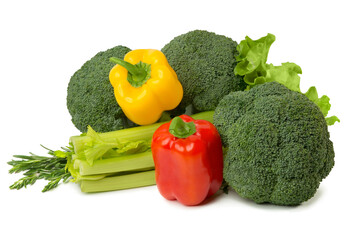 Fresh vegetables - celery, broccoli and sweet pepper isolated on white background