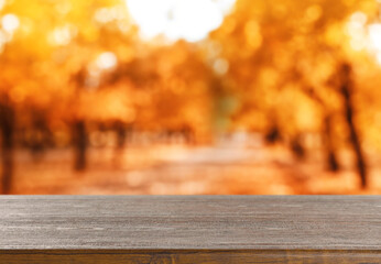 Naklejka na ściany i meble Empty wooden table in beautiful autumn park
