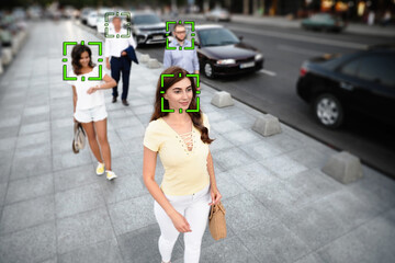 Facial recognition system identifying people on city street