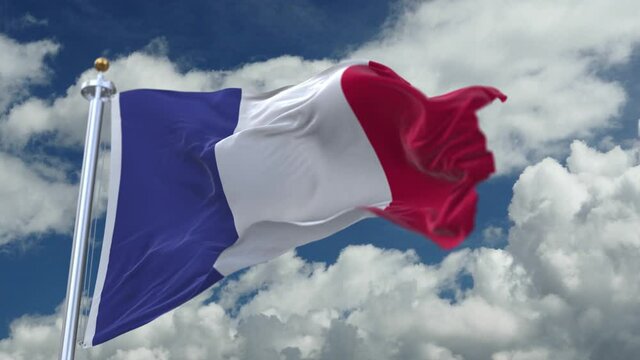 looping flag of France with flagpole waving in wind;timelapse rolling clouds background.A fully digital rendering.