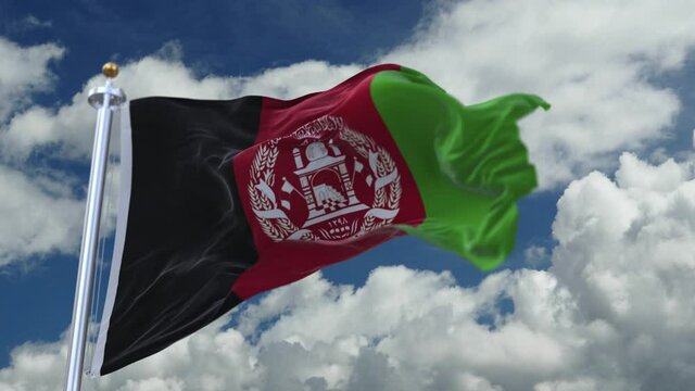 looping flag of Afghanistan with flagpole waving in wind;timelapse rolling clouds background.A fully digital rendering.