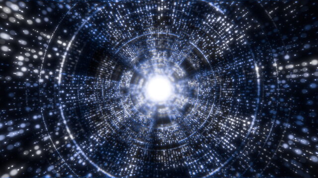 Glowing Shine cyber illuminated particles tunnel. abstract tube background. 3d looped animation.